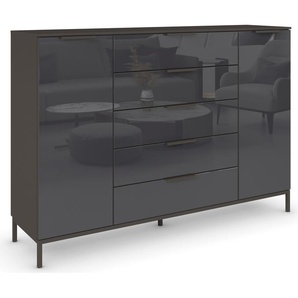 Kommode RAUCH Flipp Sideboards Gr. B/H/T: 160cm x 111cm x 42cm, 5 St., grau (graphit/glas basalt) 2-trg mit 5 Schubladen und Soft-Close-Funktion, Glasfront, 2 Breiten