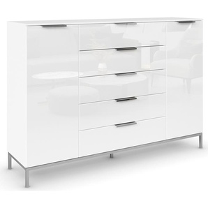 Kommode RAUCH Flipp Sideboards Gr. B/H/T: 160cm x 111cm x 42cm, 5 St., weiß (alpinweiß/glas kristallweiß) 2-trg mit 5 Schubladen und Soft-Close-Funktion, Glasfront, 2 Breiten