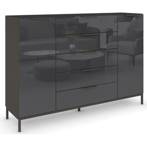 Kommode RAUCH Flipp Sideboards Gr. B/H/T: 180cm x 110cm x 42cm, 5 St., grau (graphit/glas basalt) 2-türig, 5 Schubladen, Soft-Close, Oberboden und Front Glas, 2 Breiten