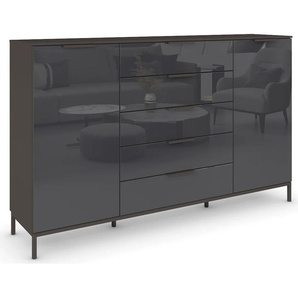 Kommode RAUCH Flipp Sideboards Gr. B/H/T: 180cm x 111cm x 42cm, 5 St., grau (graphit/glas basalt) 2-trg mit 5 Schubladen und Soft-Close-Funktion, Glasfront, 2 Breiten