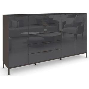 Kommode RAUCH Flipp Sideboards Gr. B/H/T: 200cm x 110cm x 42cm, 5 St., grau (graphit/glas basalt) 3-türig, 5 Schubladen, Soft-Close-Funktion, Oberboden und Front Glas