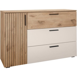 Kommode SCHLAFKONTOR Daria mit 3 Schubkästen und Rillenoptik Sideboards Gr. B/H/T: 125cm x 82,6cm x 40cm, 3 St., beige (viking oak hell / weiß)