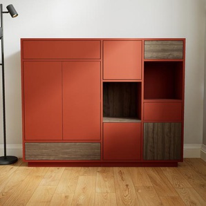 Kommode Terrakotta - Lowboard: Schubladen in Nussbaum & Türen in Terrakotta - Hochwertige Materialien - 154 x 123 x 34 cm, konfigurierbar