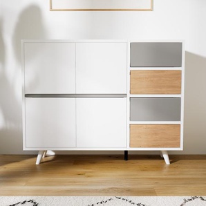 Kommode Weiß - Lowboard: Schubladen in Eiche & Türen in Weiß - Hochwertige Materialien - 115 x 91 x 34 cm, konfigurierbar