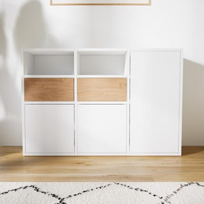 Kommode Weiß - Lowboard: Schubladen in Eiche & Türen in Weiß - Hochwertige Materialien - 118 x 79 x 34 cm, konfigurierbar