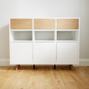 Kommode Weiß - Lowboard: Schubladen in Eiche & Türen in Weiß - Hochwertige Materialien - 118 x 91 x 34 cm, konfigurierbar