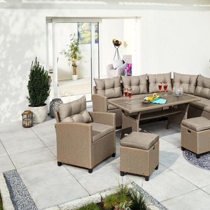 KONIFERA Gartenlounge-Set Keros Premium, (Set, 20-tlg., 2x 2er Sofa, 1x Ecke, 1x Sessel, 2x Hocker, 1x Tisch 145x75x67,5cm), Ecklounge, Polyrattan, Stahl, geeignet für 8 Personen, inkl. Auflagen