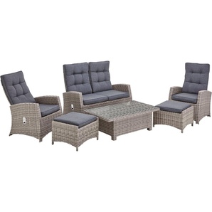 KONIFERA Gartenlounge-Set Monaco, (Set, 16-tlg., 2x Sessel, 1x2er Sofa, 2x Hocker, 1x Tisch 120x70x43,5-66,5 cm), höhenverstellbarer Tisch, inkl. Auflagen, Grau, Aluminium, Polyrattan