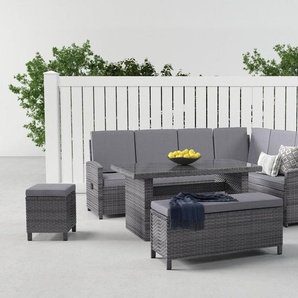 KONIFERA Gartenlounge-Set Paris, (Set, 17-tlg., 2x 3er Bank, 1x Sitzbank, 1x Hocker, 1x Tisch 140x80x67cm, Aluminium), inkl. Auflagen/Schutzhülle, Polyrattan, Rückenlehne verstellbar