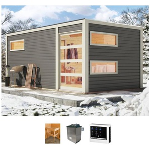 KONIFERA Saunahaus Hagen, BxTxH: 508 x 276 x 221 cm, 38 mm, (Set) terragrau, mit Ofen 9 KW externe Strg easy