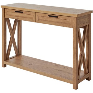 Konsolentisch JAHNKE Chalet Tische Gr. B/H/T: 110cm x 77,2cm x 34cm, Montana Eiche, braun (montana eiche + montana eiche) Konsolentisch mit 2 Schubladen und Ablage, Landhausstil, X-Design