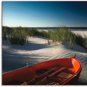 Leinwandbild ARTLAND Rotes Boot am Strand... Bilder Gr. B/H: 120 cm x 90 cm, Leinwandbild Boote & Schiffe, 1 St., rot Leinwandbilder auf Keilrahmen gespannt