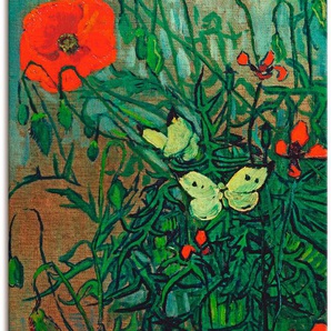 Leinwandbild ARTLAND Schmetterlinge auf Mohnblüten Bilder Gr. B/H: 90 cm x 120 cm, Leinwandbild Blumen Hochformat, 1 St., grün Leinwandbilder auf Keilrahmen gespannt