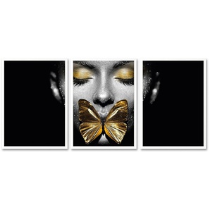 Leonique Bild mit Rahmen Gesicht Schmetterling Gold - Gerahmter Digitaldruck - Wandbild, 3x 30x40 cm - Holzrahmen - Dekoration - Weißer Rahmen - Triptychon
