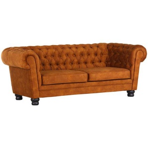 Livetastic Chesterfield-Sofa, Cognac, Textil, Uni, 3-Sitzer, 203x79x93 cm, Made in EU, Rücken echt, Wohnzimmer, Sofas & Couches, Sofas, Bigsofas