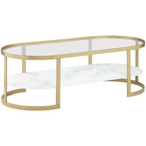 Livetastic Couchtisch, Weiß, Gold, Metall, Glas, oval, Flachrohr, 55x40x120 cm, einfacher Aufbau, Wohnzimmer, Wohnzimmertische, Couchtische