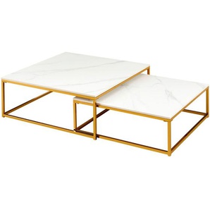 Livetastic Couchtischset, Weiß, Gold, Metall, Keramik, 2-teilig, quadratisch, eckig, 75x65x27 cm, Wohnzimmer, Wohnzimmertische, Satztische