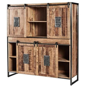 Livetastic Highboard Rustic Getaway, Anthrazit, Natur, Metall, Mangoholz, massiv,vollmassiv, 5 Fächer, 3 Schubladen, 150x160x45 cm, stehend, Wohnzimmer, Kommoden & Sideboards, Highboards