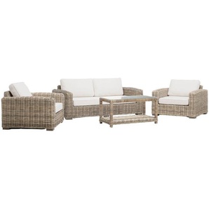 Livetastic Rattan-Sitzgarnitur Rattan-Sofa, Natur, Hellgrau, Holz, Glas, 4-teilig, Mahagoni, Rattan,Mahagoni, Rattan, teilmassiv, Füllung: Schaumstoff, Made in Europe, Wohnzimmer, Sofas & Couches, Sitzgarnituren