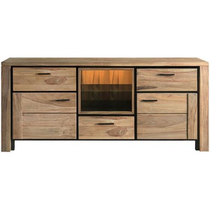 Livetastic Sideboard, Sheesham, Metall, Sheesham, massiv, 1 Fächer, 3 Schubladen, 175x75x40 cm, Handmade in India, Beleuchtung, Schlafzimmer, Schlafzimmer Kommoden