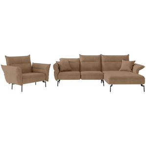 Livetastic Sitzgarnitur Jakarta, Hellbraun, Textil, Füllung: Daunen, Silikon, 265x185 cm, Made in EU, Rücken echt, Wohnzimmer, Sofas & Couches, Sitzgarnituren