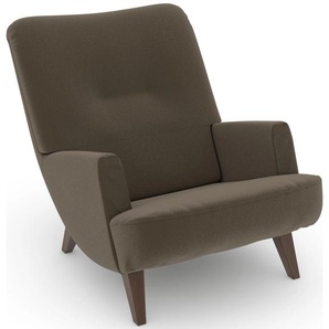 Loungesessel MAX WINZER build-a-chair Borano Sessel Gr. Samtvelours, Füße Buche nussbaumfarben-Füße Buche Nussbaum, B/H/T: 70 cm x 75 cm x 96 cm, beige (sahara, sahara) Loungesessel im Retrolook, zum Selbstgestalten