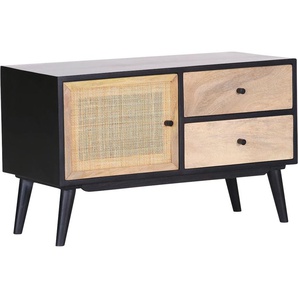 Lowboard GUTMANN FACTORY Linus, schwarz (natur, schwarz), B:90cm H:55cm T:42cm, Massivholz, Sideboards, Kommode mit Rattangeflecht