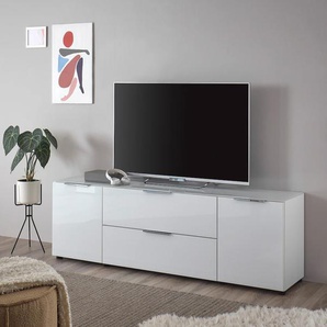 Lowboard HBZ Santorin TV Möbel bis 65 Zoll, Stellmaß BxHxT 180x55x40 cm, weiß, B:180cm H:55cm T:40cm, Holzwerkstoff, Sideboards, Mit 2 Türen mit Softclose, 1 Schubkasten, Glasfront und Glasoberboden, Topseller