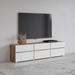 Lowboard INOSIGN Cross, moderne grifflose TV-Kommode,3 Klappen/3 Schubkästen, wotan eiche, weiß, B:180cm H:48,2cm T:40cm, FSC-zertifizierter Holzwerkstoff, Melamin, Sideboards, Breite 180 cm, TV-Schrank mit viel Stauraum, TV-Board