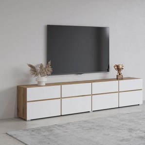 Lowboard INOSIGN Cross, moderne grifflose TV-Kommode,4 Klappen/4 Schubkästen, wotan eiche, weiß, B:225cm H:48,2cm T:40cm, FSC-zertifizierter Holzwerkstoff, Melamin, Sideboards, Breite 225 cm, TV-Schrank mit viel Stauraum, TV-Board