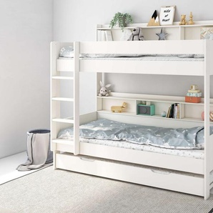 Lüttenhütt Etagenbett JAIME, TOPSELLER! Stockbett, mit Regalen, Schublade optional (ca. 186x115x204 Höhe/Breite/Länge), FSC® zertifiziertes Massivholz, viel Stauraum und Abstellfläche