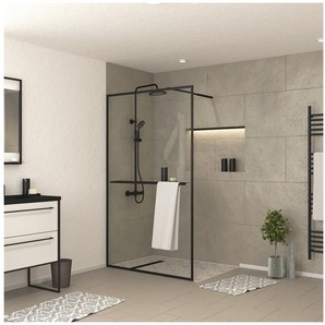 Marwell Walk-in-Dusche Black Frame Shelf, Einscheibensicherheitsglas, mit ausziehbarem Handtuchhalter, hochwertige Aluminiumrahmen