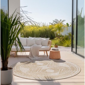 Merge Outdoor Teppich Rund – Wendeteppich Wetterfest - Boho Muster für Garten, Balkon, Wohnzimmer