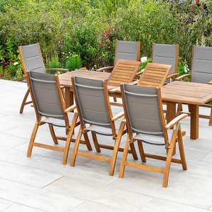 Garten-Essgruppe MERXX Acapulco Sitzmöbel-Sets Gr. B/H/T: 60,5 cm x 111 cm x 60 cm, Polyester, Dining Set, grau (grau, braun) Outdoor Möbel 8 Klappsessel, ausziehbarer Tisch
