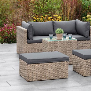 MERXX Garten-Essgruppe Licosa, (5-tlg), 2 Sessel, 2 Hocker, Tisch, mit Auflagen, naturgrau