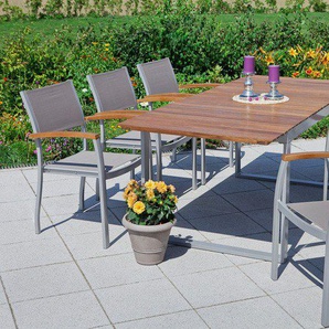 MERXX Garten-Essgruppe Naxos, (7-tlg., 6x Stapelsessel, 1x Ausziehtisch 150(200)x90 cm), Aluminium, Textilbespannung aus 100 % Polyester, Akazienholz