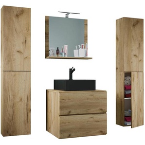 Mid.you Badezimmer Lendas BL XL, Honigeiche, Glas, Keramik, Holzwerkstoff, 5-teilig, 4 Fächer, 2,2 Schubladen, 147 cm, hängend, individuelle Inneneinteilung, Spiegel mit Ablage, Badezimmer, Badmöbelsets & -serien, Badmöbel-Sets