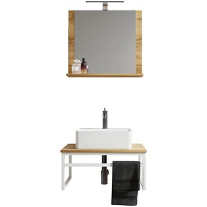 Mid.you Badezimmer, Weiß, Honigeiche, Metall, Glas, Keramik, Holzwerkstoff, 3-teilig, 60 cm, hängend, Spiegel mit Ablage, Badezimmer, Badmöbelsets & -serien, Badmöbel-Sets