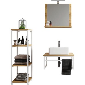 Mid.you Badezimmer, Weiß, Honigeiche, Metall, Glas, Keramik, Holzwerkstoff, 4-teilig, 3 Fächer, 95 cm, hängend, stehend, Spiegel mit Ablage, Badezimmer, Badmöbelsets & -serien, Badmöbel-Sets