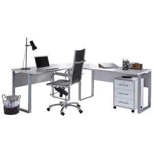 Mid.you Büro Office Edition - Büro Set 0, Grau, Weiß Hochglanz, Holzwerkstoff, 3 Schubladen, Made in Germany, erweiterbar, in verschiedenen Holz-Dekoren erhältlich, Schreibtisch seitenverkehrt montierbar, abschließbar, Arbeitszimmer, Büromöbelsets &