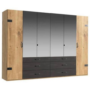 Mid.you Drehtürenschrank Wimex Detroit, Graphit, Eiche, Metall, 4 Fächer, 6 Schubladen, 300x216x58 cm, BQ - Bündnis für Qualität, Made in Germany, DIN EN ISO 9001, in verschiedenen Größen erhältlich, Schrankfront mit Spiegel, Schlafzimmer,