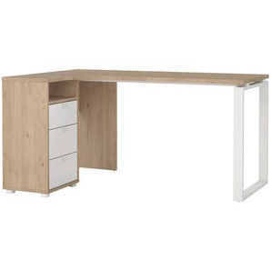 Mid.you Eckschreibtisch, Weiß, Eiche, Metall, Holzoptik, 3 Schubladen, Kufe, 99.6x75.6x150 cm, Arbeitszimmer, Schreibtische, Eckschreibtische