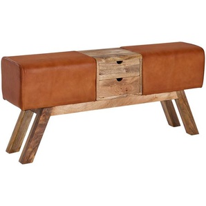 Mid.you Garderobenbank, Braun, Holz, Echtleder, Ziegenleder, Mangoholz, massiv, 2-Sitzer, 2 Schubladen, 120x56x30 cm, abwischbar, Garderobe, Garderobenbänke