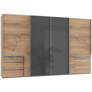 Mid.you Schwebetürenschrank Wimex Level 36C, Grau, Eiche, Holzwerkstoff, 4 Fächer, 6 Schubladen, 350x216x65 cm, BQ - Bündnis für Qualität, Made in Germany, DIN EN ISO 9001, umfangreiches Zubehör erhältlich, in verschiedenen Größen und Holzdekoren