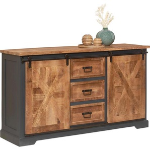 Mid.you Sideboard, Grau, Natur, Schwarz, Metall, Mangoholz,Mangoholz,Mangoholz,Mangoholz, massiv, Sperrholz,massiv, Sperrholz, 2 Fächer, 3 Schubladen, 150x85x45 cm, handgemacht, Schlafzimmer, Schlafzimmer Kommoden