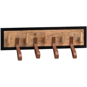 Mid.you Wandgarderobe, Braun, Schwarz, Holz, Metall, Leder, Echtleder, Büffelleder, Mangoholz, massiv, 60x15x6 cm, Garderobe, Garderobenleisten & Garderobenhaken