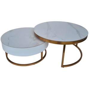 Modante Couchtischset, Weiß, Gold, Metall, Stein, Holzwerkstoff, 2-teilig, Marmoroptik, rund, eckig, C-Form, 70-80x31-39x70-80 cm, Stauraum, Wohnzimmer, Wohnzimmertische, Couchtische, Couchtische Marmoroptik