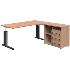 Moderano Eckschreibtisch, Grau, Eiche, Alu, Metall, 3 Schubladen, Freiform, C-Form, 180x72-78x180 cm, Goldenes M, BQ - Bündnis für Qualität, Made in Germany, höhenverstellbar, in verschiedenen Holz-Dekoren erhältlich, Arbeitszimmer, Schreibtische,