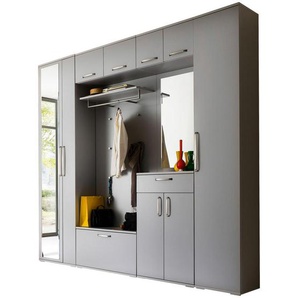 Moderano Garderobe, Grau, Glas, Holzwerkstoff, 8-teilig, 1 Schubladen, 242x233x36 cm, Made in Germany, stehend, Garderobe, Garderoben-Sets