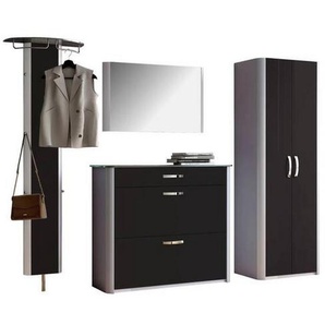 Moderano Garderobe, Schwarz, Alu, Metall, Glas, Holzwerkstoff, 4-teilig, 270x192x34 cm, Garderobe, Garderoben-Sets